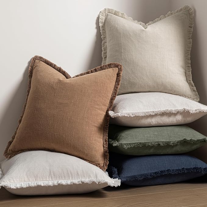 MIULEE Boho Linen Fringe Decorative Fall Throw Pillow Covers Brown 18x18 | Set - Image 5