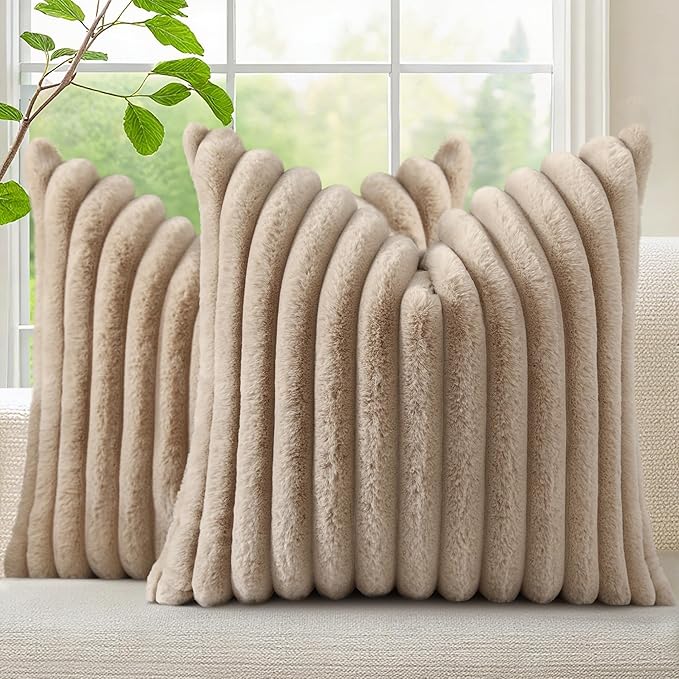 decorUhome Fall Faux Fur Throw Pillow Covers 18x18 Set of 2 Khaki Brown | by decorUhome