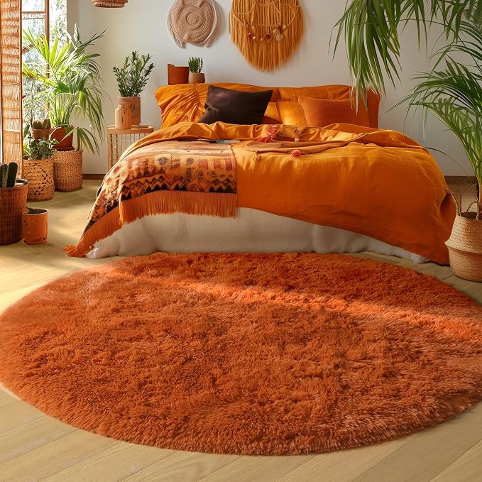 Amdrebio Burnt Orange Fall Round Shag Area Rug 4Ft - Image 5