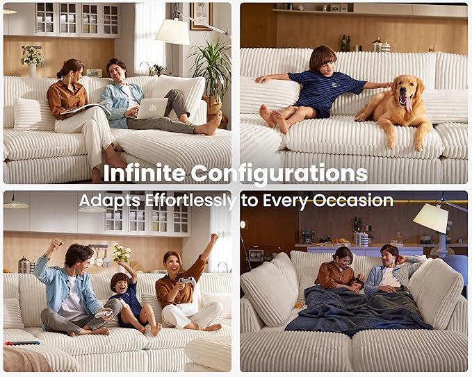 Oversized Modular Sofa, Extra Deep Cloud Corduroy Sectional Couch with Ottoman Chaise, Fluffy Corduroy 5 Seater Sofa Bed for Living Room, Villa (U Shape 5 Seater, Corduroy White)