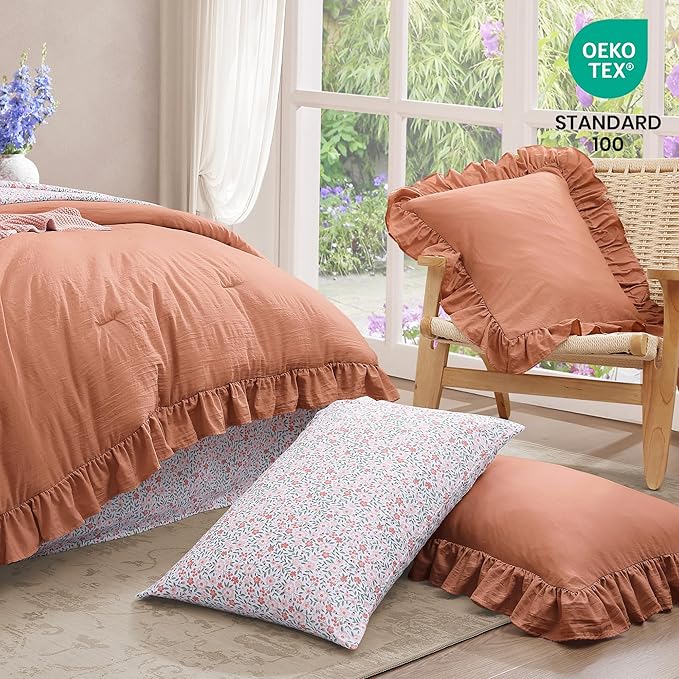 King Comforter Set - 7 Pieces Ruffle Autumn Leaf Bedding Sets, Shabby Chic Farmhouse Bed in a Bag King with Ruffle Comforter, Floral Sheets, Pillowcases & Shams