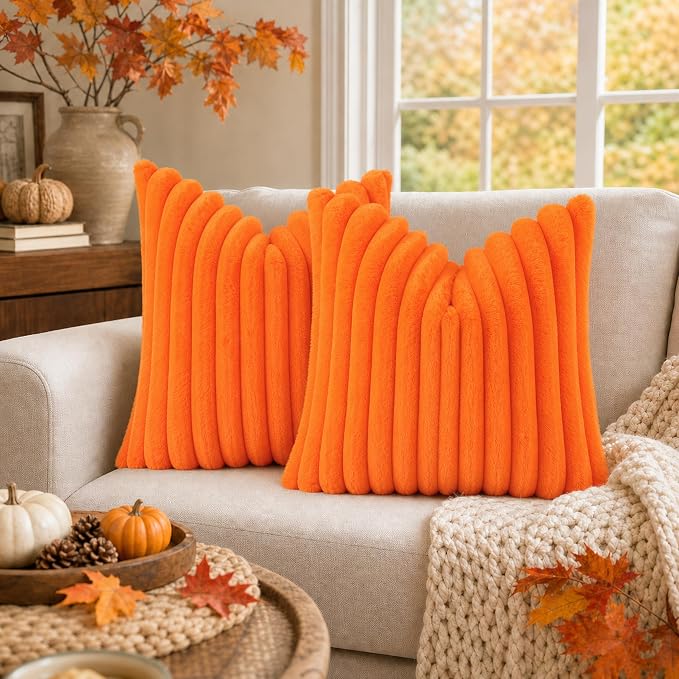 decorUhome Fall Faux Fur Throw Pillow Covers 16x16 Set of 2 Orange | Decorative - Image 7