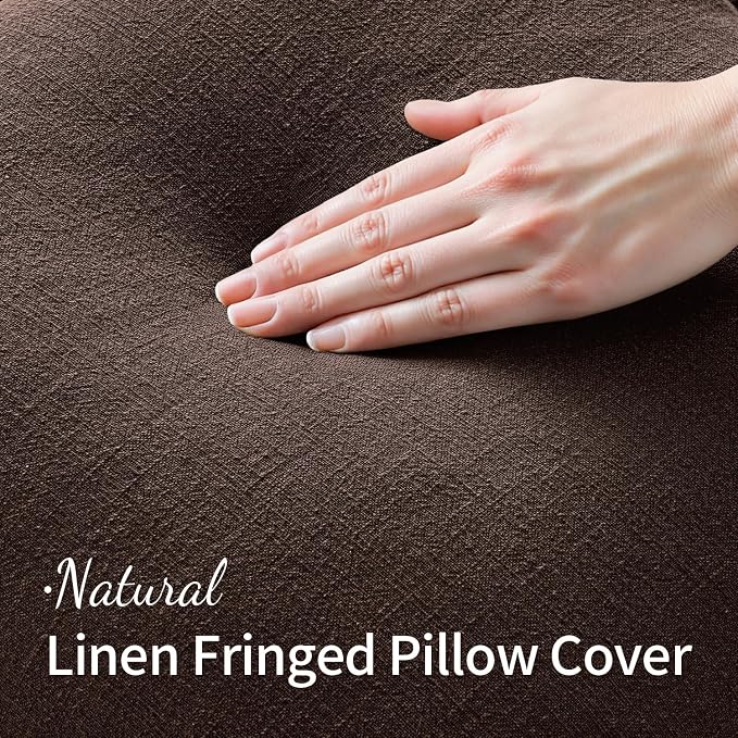 MIULEE Linen Fringe Decorative Fall Euro Pillow Covers Dark Brown 24x24 | Set - Image 3