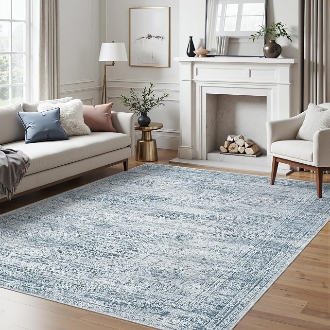 5x7 Area Rugs Blue Low Pile Indoor Washable Trendy Faded Style Rugs - Image 2