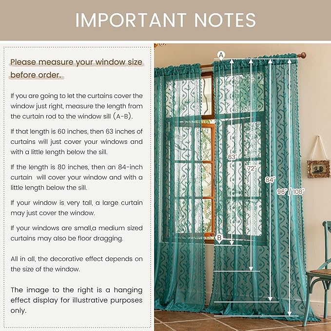 WAZZIO Boho Lace Curtains 2 Panels 96 Inch -Victorian Sheer Panel Drape French - Image 7