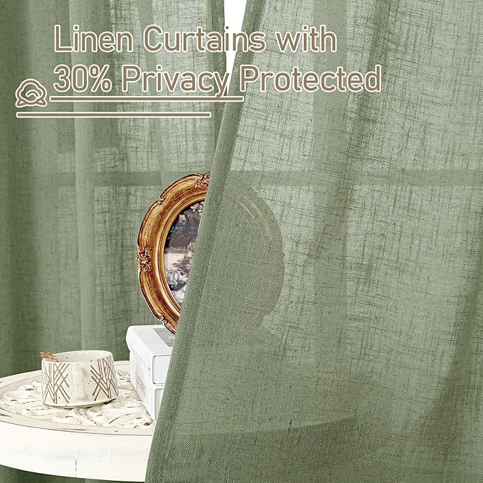 60 Inch Length Semi Sheer Linen Curtains 2 Panels Set, Sage Green Light - Image 5