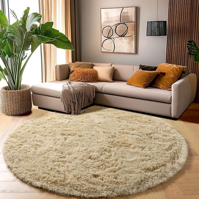 Amdrebio Beige Boho Round Fuzzy Area Rug 5Ft - Image 3