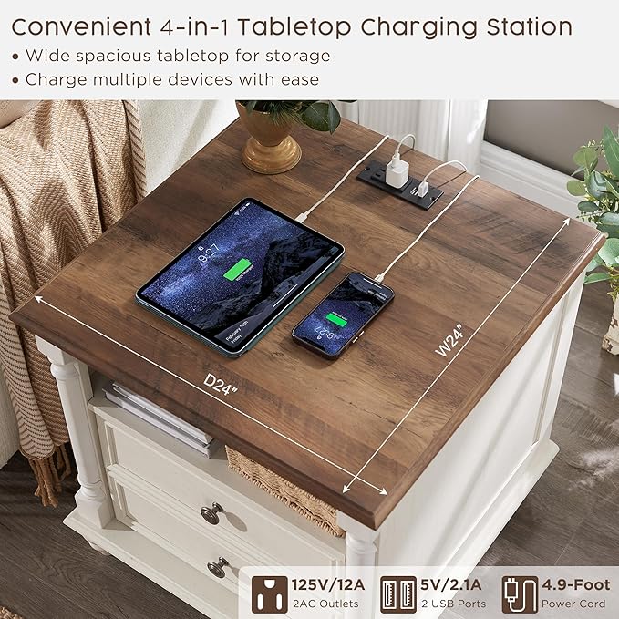 T4TREAM 24'' Farmhouse End Table w/4 Solid Wood Feet, Large 2 Drawers Wide Sofa Side Table with Charging Station, Tall Rustic Wood Square Nightstand for Living Room, Bedroom, Office, Antique White