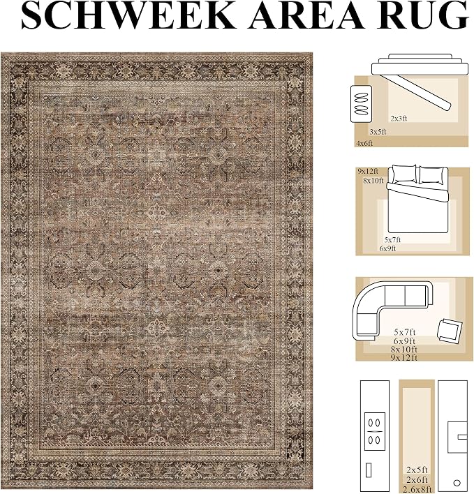 Schweek 8x10 Brown Area Rugs Washable Vintage Large Rug - Image 2