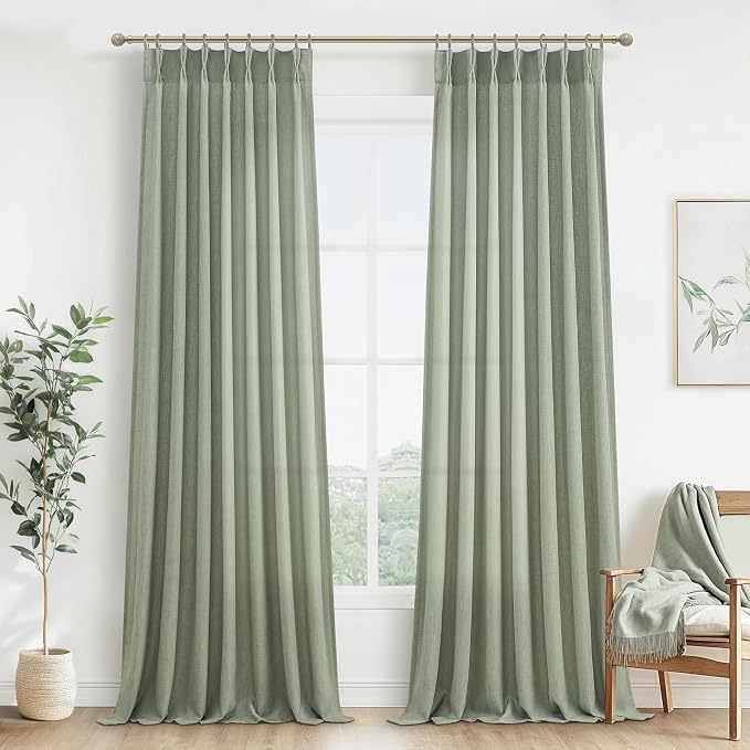 Extra Long Sage Green Thick Linen Sheer Curtains 108 Inches Long by PleatedDrapes