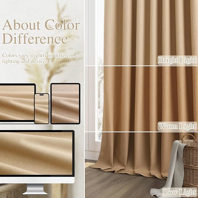 Guken Camel Brown 100% Blackout Linen Curtains 63 Inch Length 2 Panels Set - Image 7