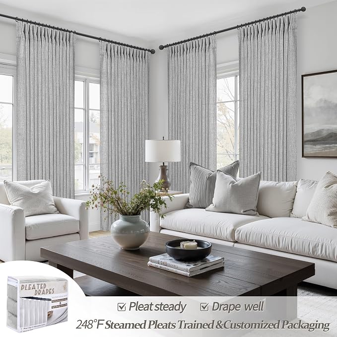 PleatedDrapes Light Grey Pinch Pleat Curtains 105 Inches Extra Long - Image 5