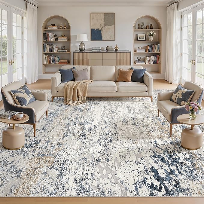 DMOYEST Area Rug Living Room Rugs 10x14 Washable Abstract Beige Blue Carpet | - Image 4