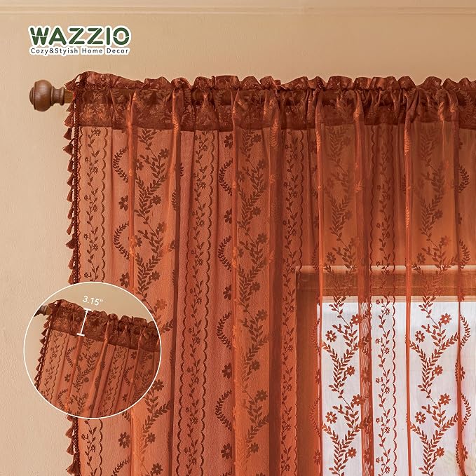 WAZZIO Boho Lace Curtains 96 Inch 2 Panels-Vintage Sheer Panel Drape Floral - Image 7