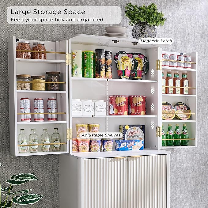 OKD Fluted Kitchen Pantry, 72" Tall Mid Century Modern Storage Cabinet with Adjustable Shelves & Door Organizer, Wood Cabinet for Kitchen, Living Room, Solid White
