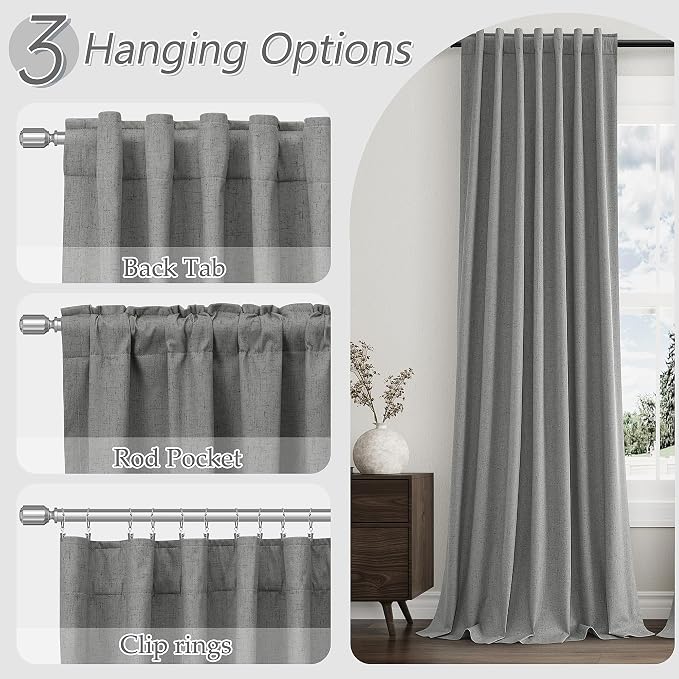 Guken Dark Grey 100% Blackout Linen Curtains 63 Inch Length 2 Panels Set - Image 6