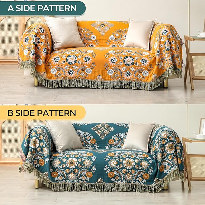 Boho Throw Blanket for Bed,100% Cotton Ultra Soft Lightweight Muslin 4-Layer Breathable Woven Throws 90''x 98'' Blanket Yellow Floral Printed Farmhouse Decor Bed Blankets