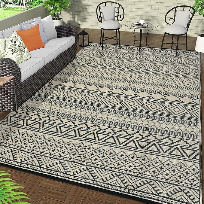 GAOMON Reversible Outdoor Rug 9'x18' Waterproof Plastic Straw Rug, Patio Rug, Large Modern Area Rug Carpet, Indoor Outdoor Rugs for Camping, Porch, Deck, Balcony, Backyard, Black/Coffee(Bohemia)