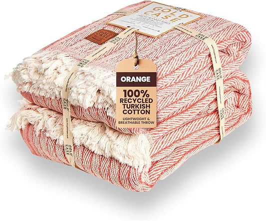 Gold Case Throw Blanket for Couch – 100% Recycled Turkish Cotton Blankets – Elegant Decorative Throw Blankets for Living Room Sofa – Woven Throws for Couch – Vintage Orange – 50x60 (Set of 2)