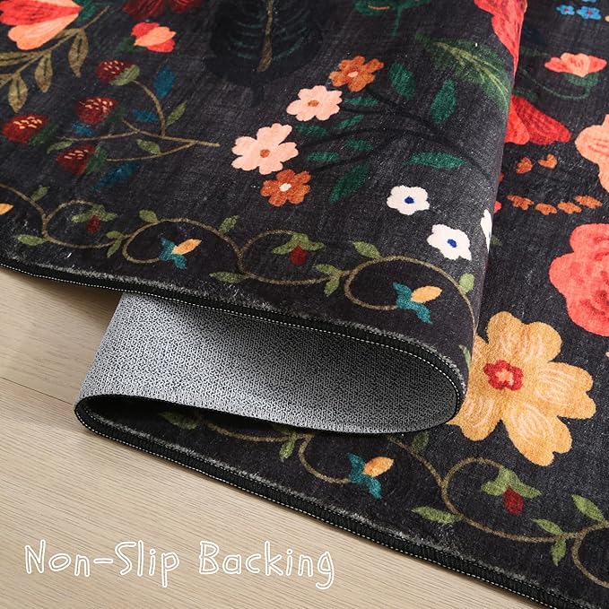 Area Rug 4x6 Rug Washable Boho Rugs Non Slip Low Pile Floral Small Carpet for Bedroom, Bedside, Kids Room, Office, Dining Room(Black)