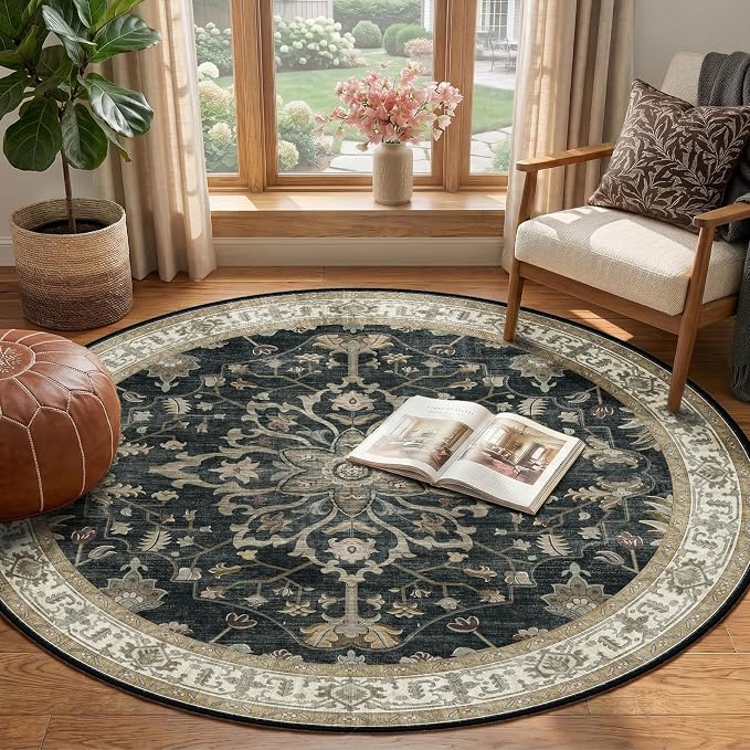 Area Rugs Round 4ft Washable Non-Slip, Floral Vintage Distress Print Pattern - Image 3