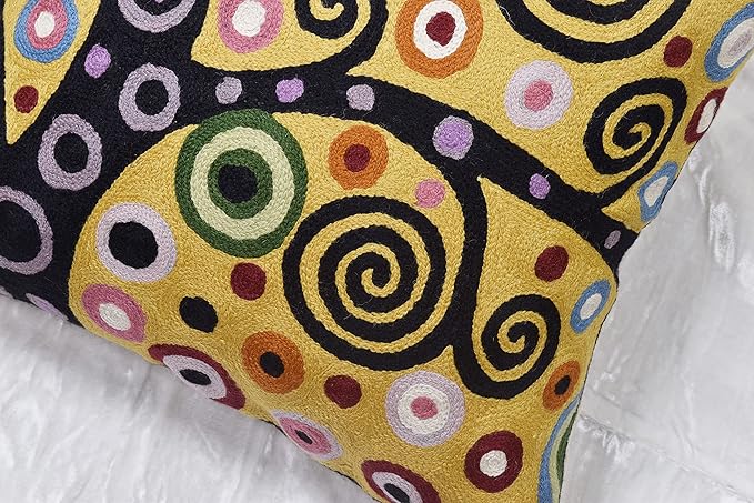 Klimt Yellow Tree of Life Pillow Cover Gold Floral Pillowcase Flower Botanical Gold Accent Suzani Sofa Cushions Kids Room Cushions Hand Embroidered Wool Size - 18x18