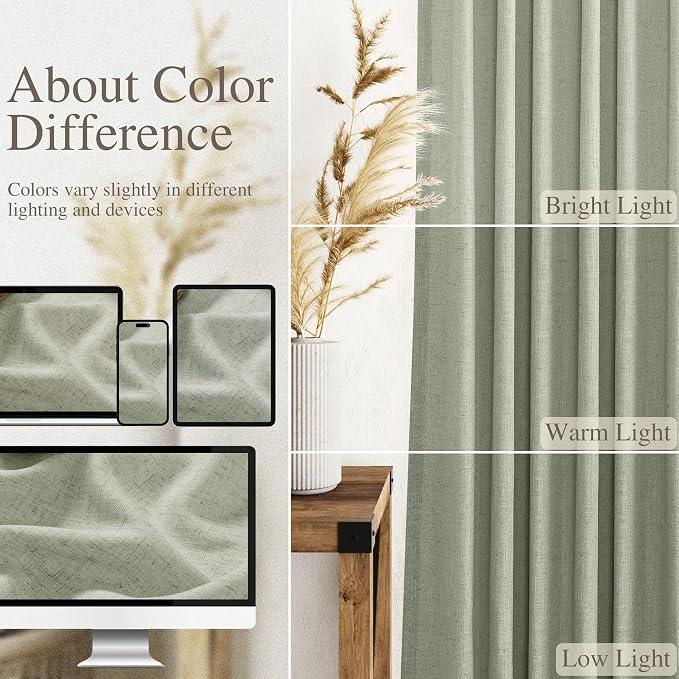 Sage Green Linen Sheer Curtains 54 Inch Length 2 Panel Set Back Tab Rod Pocket - Image 4