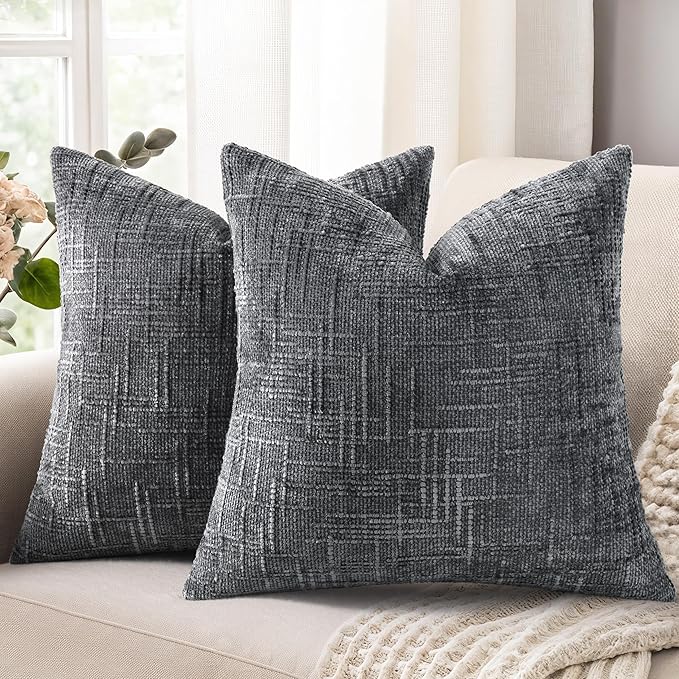 decorUhome Dark Grey Chenille Euro Sham Throw Pillow Covers 24x24 Set of 2 by decorUhome