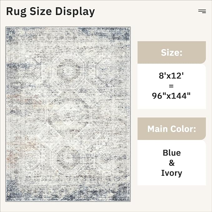 Soalmost Washable Area Rug 8x12 Large Soft Living Room Rugs Blue/Ivory | - Image 5