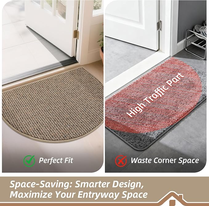 BEQHAUSE Dirt Trapper Door Mat 32" x 48" Half Circle Non Slip Rugs, Taupe | - Image 6