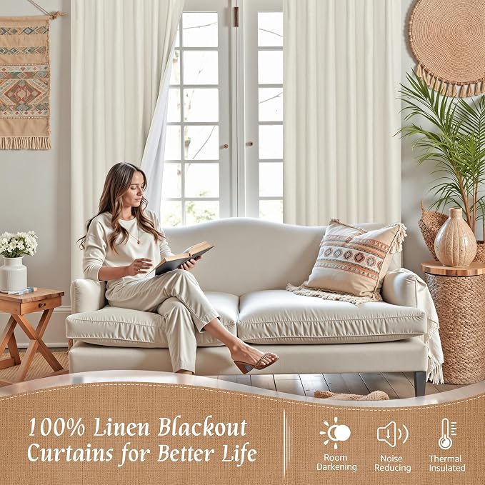 Ivory 100% Blackout Linen Curtains 84 Inches Long 2 Panels | Linen Textured - Image 2