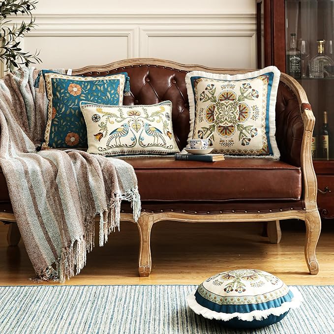 patdrea Designer Throw Pillow Covers Set of 4,French Vintage Blue Linen with Floral Collection Pattern Pillow Cover,Decorative Rectangle and Square Pillowcases Cushion for Bed Living Room Outdoor