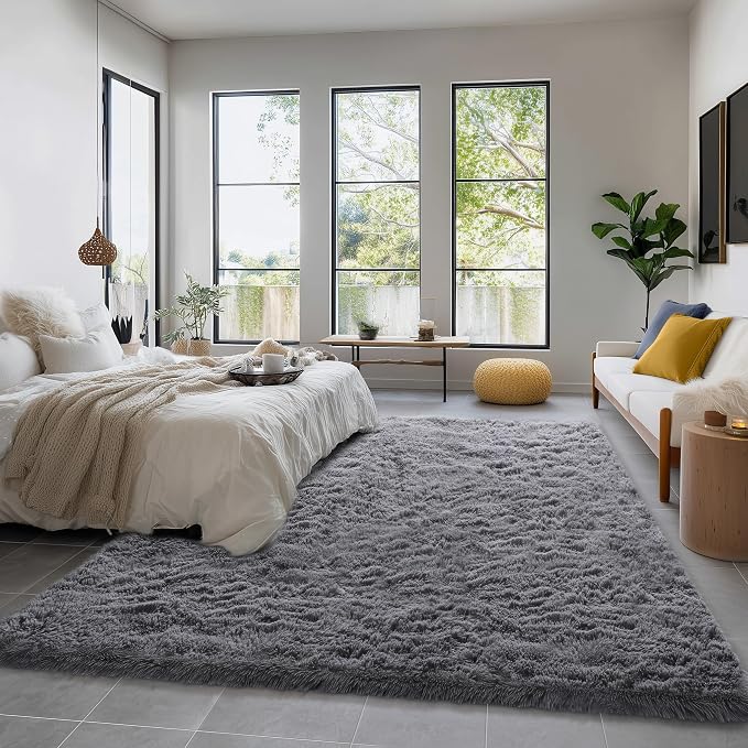 Amdrebio Grey Shag Furry Fuzzy Area Rug 5x8 - Image 3