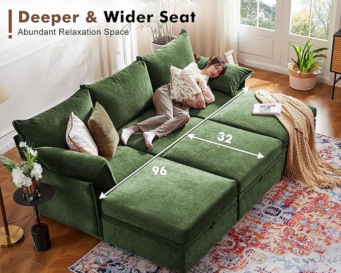 134.6" Luxury Modular Sectional Convertible Sofa with Storage Ottoman, L-Shape 5-Seat Oversized Comfy Couch Deep Seat with Reversible Chaise - Chenille Green