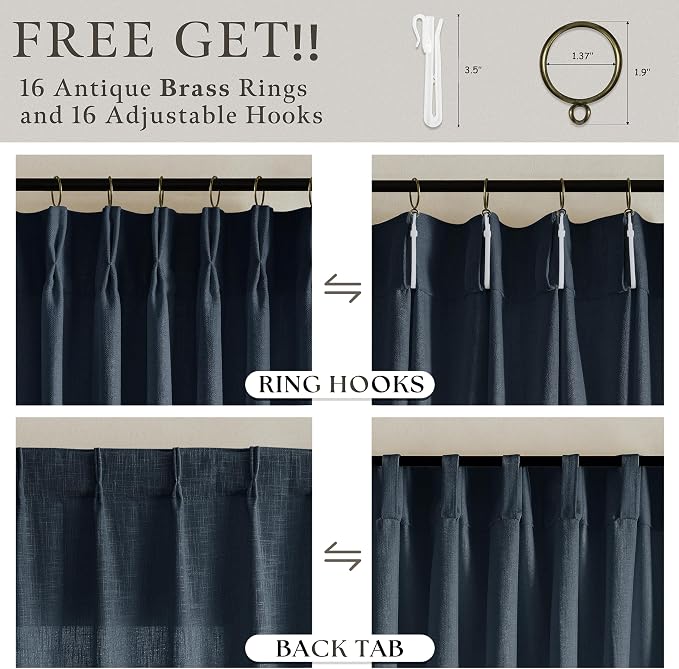 Modern Pinch Pleated Linen Navy Blue Semi Sheer Curtains - Image 5