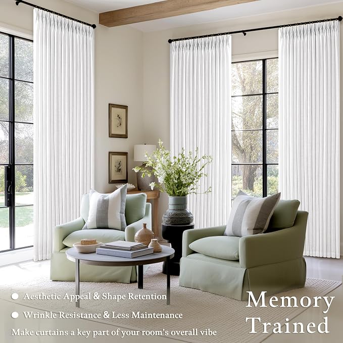 Snow White Pleated Linen Semi Sheer Light Filtering Neutral Curtains 50x96 | - Image 2