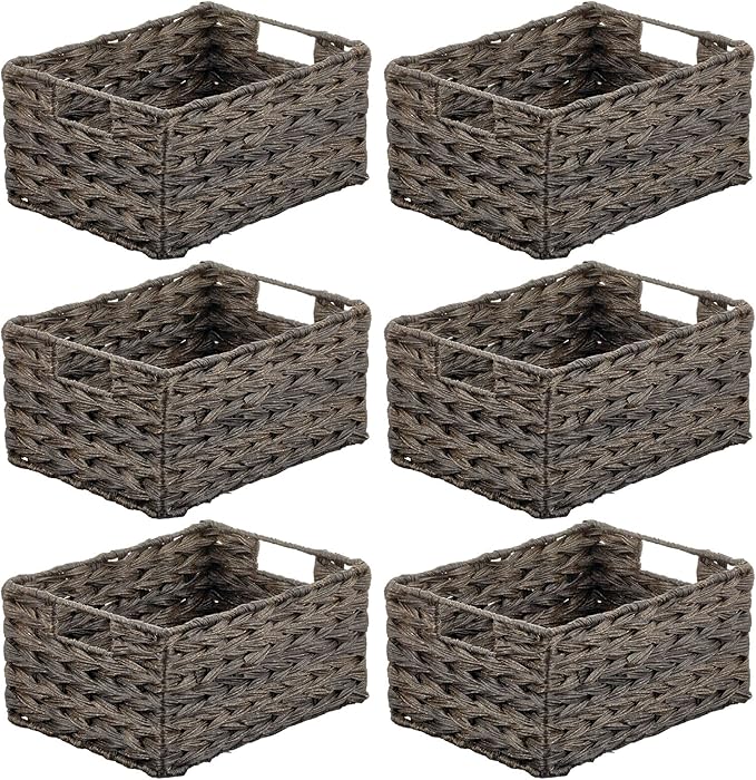 mDesign Woven Farmhouse Kitchen Pantry Food Storage Organizer Basket Box - Container Organization for Cabinets, Cupboards, Shelves, Countertops, Store Potatoes, Onions, Fruit, 6 Pack, Espresso Brown