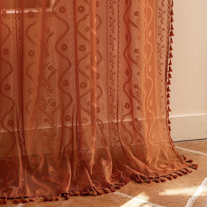 WAZZIO Boho Lace Curtains 45 Inch 2 Panels-Vintage Sheer Panel Drape Floral - Image 5