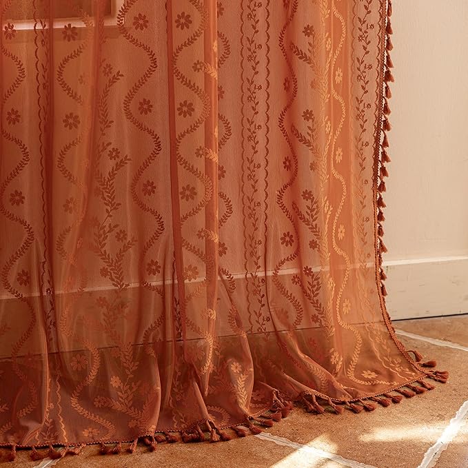 WAZZIO Boho Lace Curtains 80 Inch 2 Panels-Vintage Sheer Panel Drape Floral - Image 6