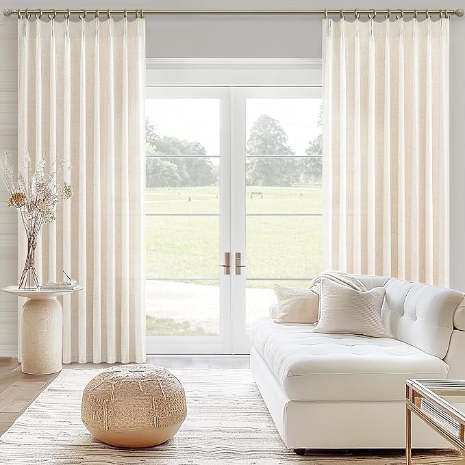 Cream Thick Linen 80 Inches Length Semi Sheer Curtains 2 Panels Set - Image 7