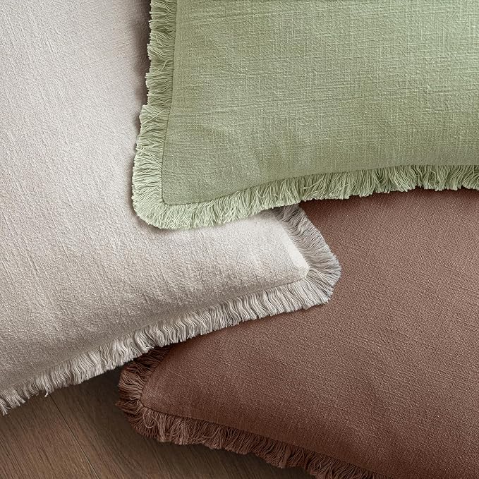 MIULEE Linen Fringe Decorative Fall Euro Pillow Covers Dark Coffee 24x24 | Set - Image 4