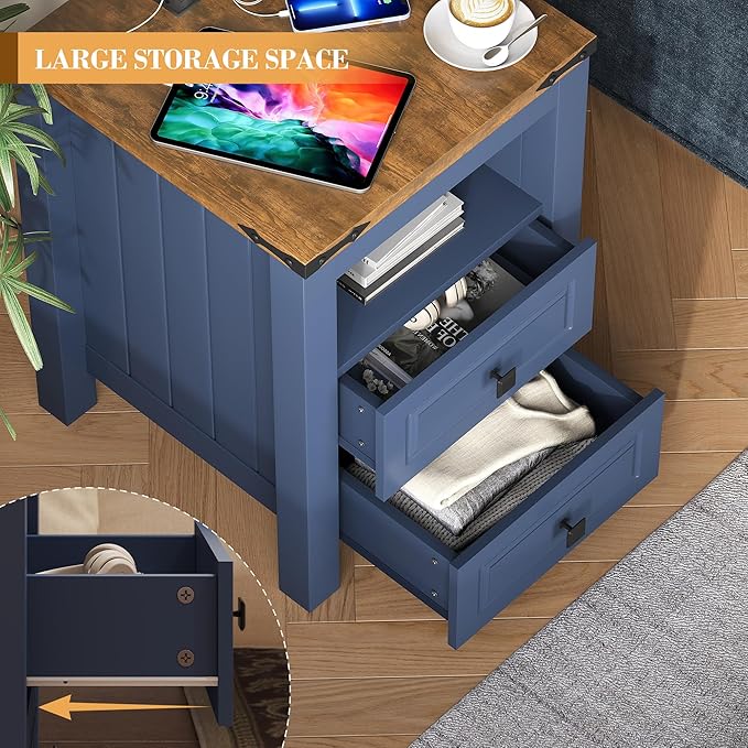 Apicizon Side Table, Farmhouse End Table with Charging Station and Storage Cabinet, 17'' Bedside Table with Drawers, Rustic Small Coffee Table for Living Room, Bedroom