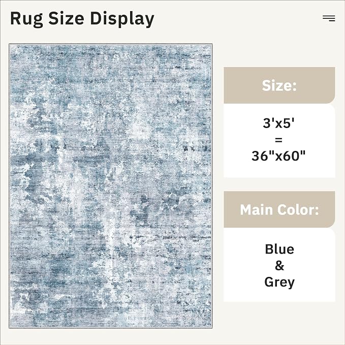 3x5 Rug, Small Area for Kitchen, Machine Washable Non-Slip Throw Rug, Vintage - Image 5