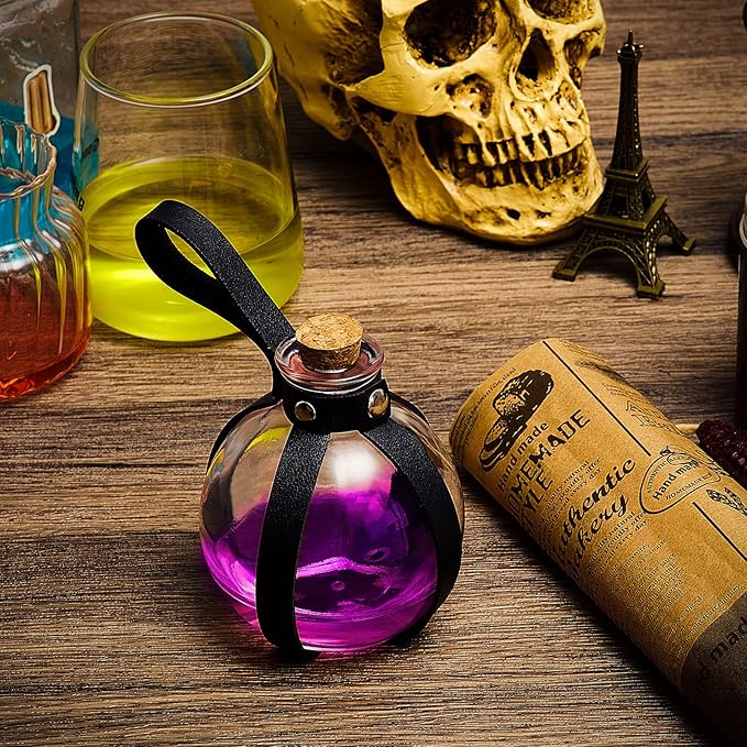 Patelai 2 Pcs Halloween Glass Potion Bottles with Belt Cork Renaissance Witch Costume Accessories Witch Props Potion Bottle for Halloween Party Decor Cosplay DIY Crafts Gift (Black)