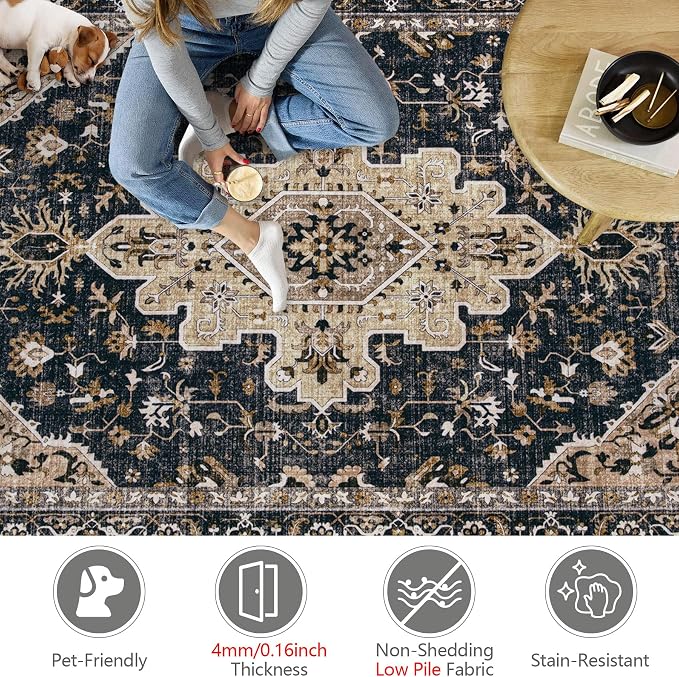 Area Rugs 6x9 Vintage Rug: Washable Living Room Rug Retro Medallion Distressed - Image 7