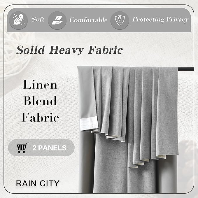 RAIN CITY 94 Inch Long Blackout Curtains 2 Panels Set,70 Inch Wide Back Tab Pleated Curtains with Hooks Track System,Energy Efficinet Linen Blend Drapes for Dining Room Hoom Office 70x94,Grey