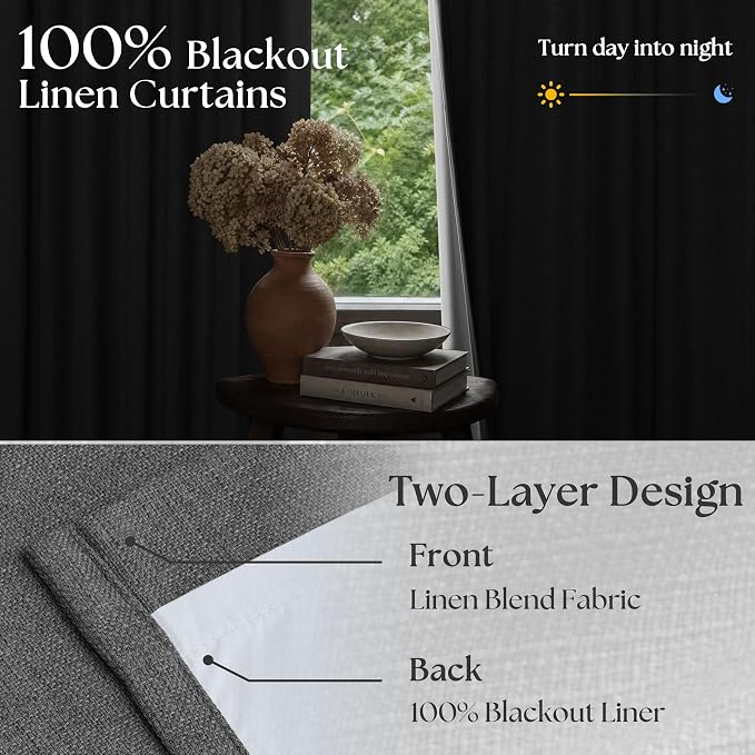 Dark Grey Pleated Thick Linen Blackout Curtains 96 Inches Long - Image 2