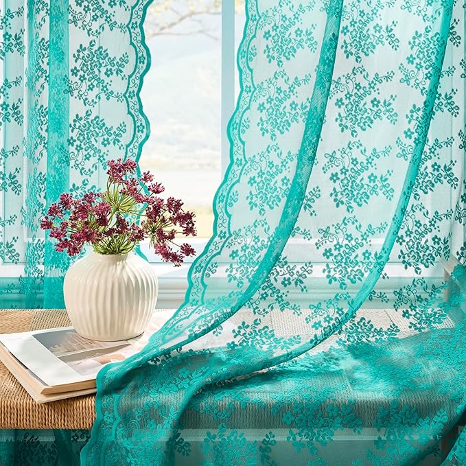 YJ YANJUN Vintage Lace Curtains 72 Inches Long-Victorian Floral Teal Sheer - Image 2