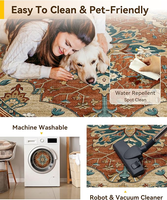 RELEANY Washable Area Rug, Round 6ft, Water Repellent, Pet Friendly, Vintage - Image 5