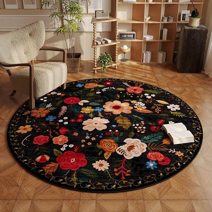 Rugcomf Round Rug 4ft Washable Circle Rug Non Slip Low Pile Boho Floral Small by Rugcomf
